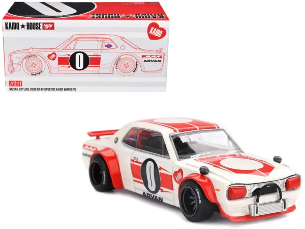 Nissan Skyline 2000GT-R (KPGC10) "Kaido Works V2" RHD (Right Hand Drive) White with Red Stripes (Designed by Jun Imai) "Kaido House" Special 1/64 Diecast Model Car by Mini GT #1