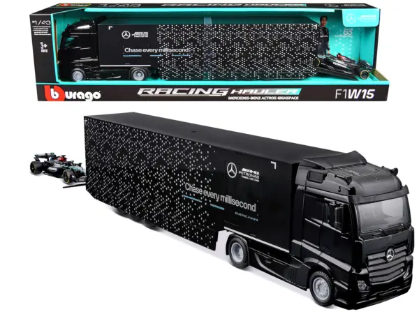 Mercedes-Benz Actros Gigaspace Car Transporter Black and Mercedes-AMG F1 W15 E Performance #63 George Russell "Petronas" Formula One F1 World Championship (2024) "Racing Hauler" Series 1/43 Diecast Model Car by Bburago #1