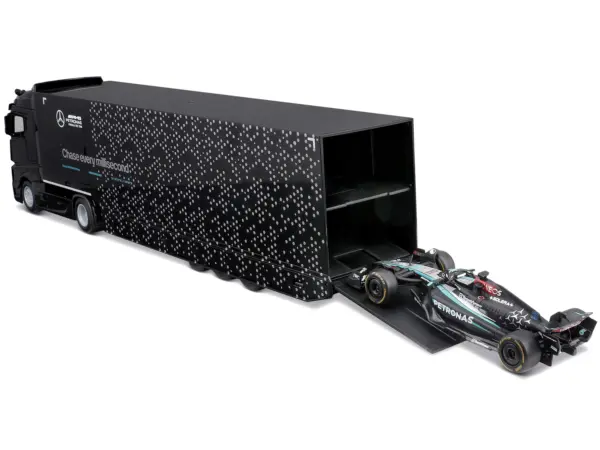 Mercedes-Benz Actros Gigaspace Car Transporter Black and Mercedes-AMG F1 W15 E Performance #63 George Russell "Petronas" Formula One F1 World Championship (2024) "Racing Hauler" Series 1/43 Diecast Model Car by Bburago #3