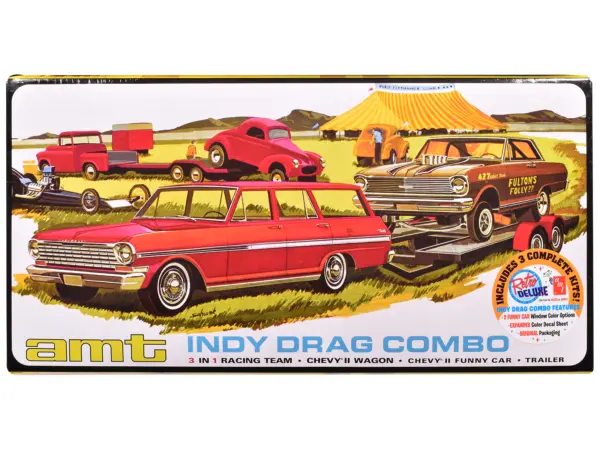 Skill 2 Model Kit Indy Drag Combo Chevrolet II Wagon and Funny Car with Trailer 3 in 1 Set 1/25 Scale Model by AMT #1