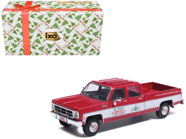 1976 GMC Sierra Grande K2500 Wideside Pickup Truck "St. Nick's Christmas Tree Farm" Red with White Sides "Christmas Limited Edition" 1/64 Diecast Model Car by IXO Models #1