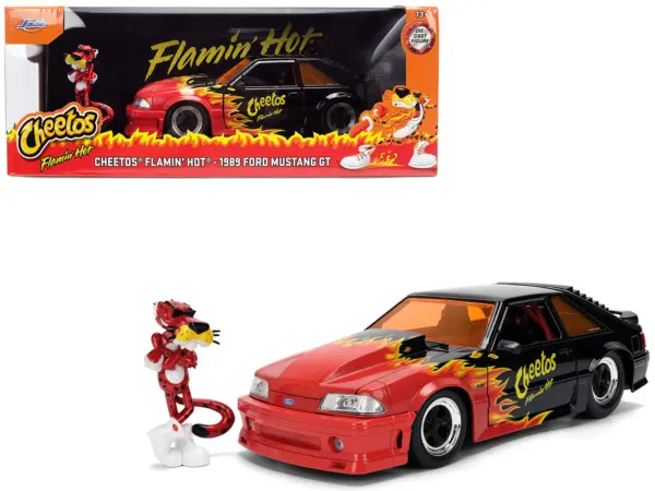 1989 Ford Mustang GT Black with Red Flame Graphics and Chester Cheetah Diecast Figure "Cheetos Flamin' Hot" "Hollywood Rides" Series 1/24 Diecast Model Car by Jada #1