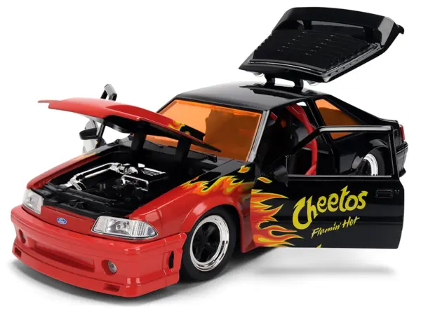 1989 Ford Mustang GT Black with Red Flame Graphics and Chester Cheetah Diecast Figure "Cheetos Flamin' Hot" "Hollywood Rides" Series 1/24 Diecast Model Car by Jada #2
