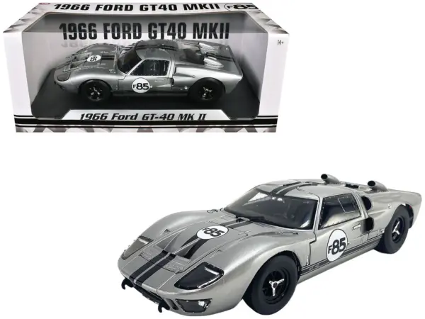 1966 Ford GT-40 MKII #F85 Silver Metallic with Black Stripes 1/18 Diecast Model Car by ACME #1