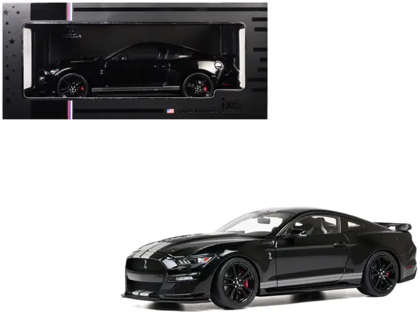 2022 Ford Mustang Shelby GT500 Black with Silver Stripes 1/18 Diecast Model Car by IXO Models #1