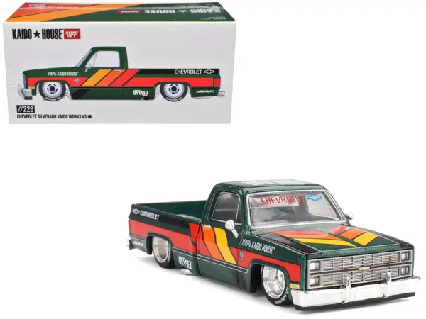 Chevrolet Silverado Pickup Truck "Kaido Works V3" Dark Green Metallic with Graphics (Designed by Jun Imai) "Kaido House" Special 1/64 Diecast Model Car by Mini GT #1