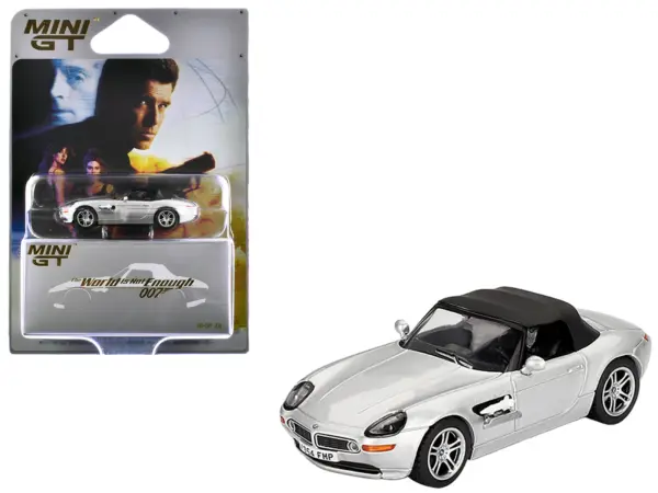 BMW Z8 Silver Metallic with Black Soft Top 007 James Bond "The World Is Not Enough" (1999) Movie Limited Edition 1/64 Diecast Model Car by Mini GT #1