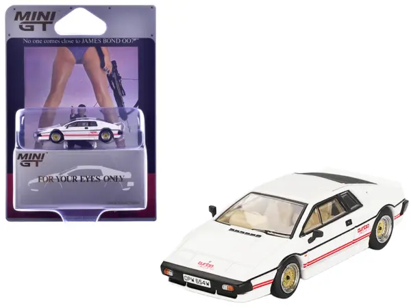 Lotus Esprit Turbo RHD (Right Hand Drive) White with Red Stripes 007 James Bond "For Your Eyes Only" (1981) Movie Limited Edition 1/64 Diecast Model Car by Mini GT #1