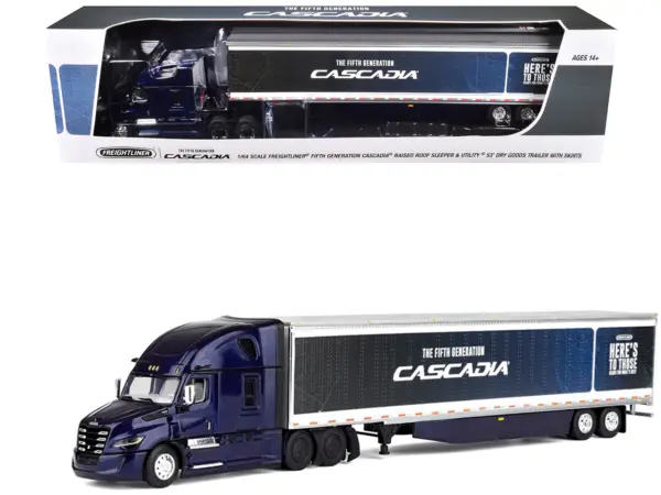 Freightliner Fifth Generation Cascadia Raised Roof Sleeper & 53' Utility Trailer with Skirts Midnight Blue 1/64 Diecast Model by DCP/First Gear #1