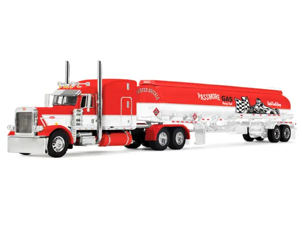 Peterbilt 389 with 63" Mid-Roof Sleeper and Heil Fuel Tank Trailer "Busted Knuckle Garage" Red and White 1/64 Diecast Model by DCP/First Gear #2