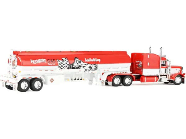 Peterbilt 389 with 63" Mid-Roof Sleeper and Heil Fuel Tank Trailer "Busted Knuckle Garage" Red and White 1/64 Diecast Model by DCP/First Gear #4