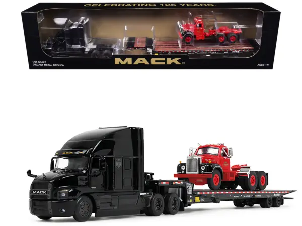 Mack Anthem Sleeper and Landoll 440B-50CA Traveling Axle Trailer Black with Mack B-61 Day Cab Load Red "Mack Anniversary" 1/64 Diecast Model by DCP/First Gear #1