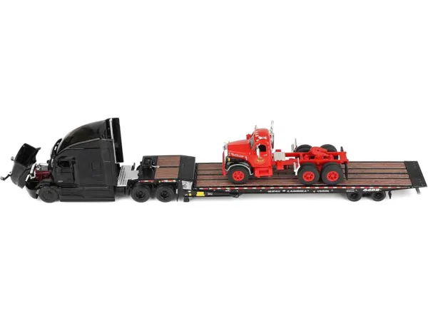 Mack Anthem Sleeper and Landoll 440B-50CA Traveling Axle Trailer Black with Mack B-61 Day Cab Load Red "Mack Anniversary" 1/64 Diecast Model by DCP/First Gear #3