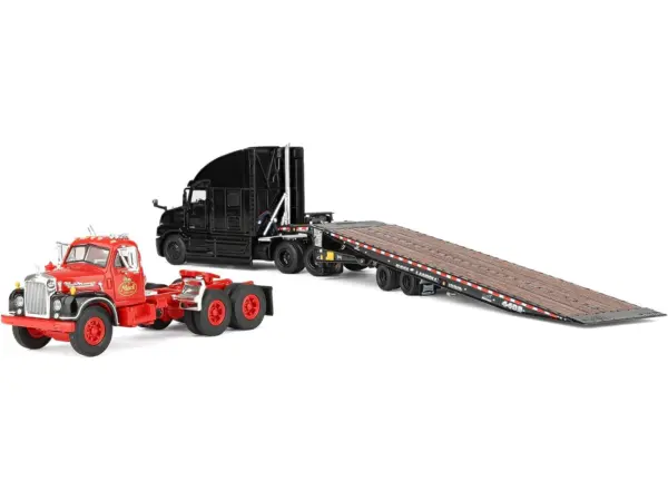 Mack Anthem Sleeper and Landoll 440B-50CA Traveling Axle Trailer Black with Mack B-61 Day Cab Load Red "Mack Anniversary" 1/64 Diecast Model by DCP/First Gear #5