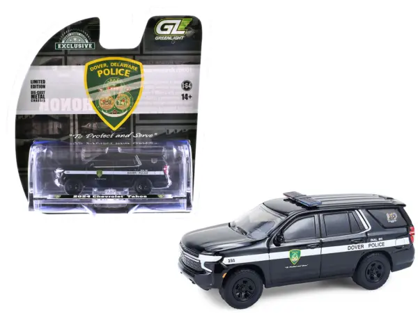 2024 Chevrolet Tahoe Police Pursuit Vehicle "Dover Police – 100th Anniversary Edition" Black with White Stripes "Hobby Exclusive" Series 1/64 Diecast Model Car by Greenlight #1