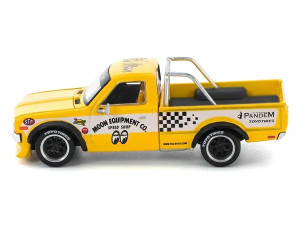 Datsun Pandem 620 Pickup Truck "MoonEyes" Yellow with White Sides and Graphics 1/64 Diecast Model Car by Pop Race #3