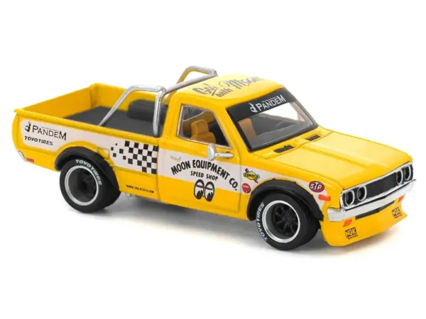 Datsun Pandem 620 Pickup Truck "MoonEyes" Yellow with White Sides and Graphics 1/64 Diecast Model Car by Pop Race #5