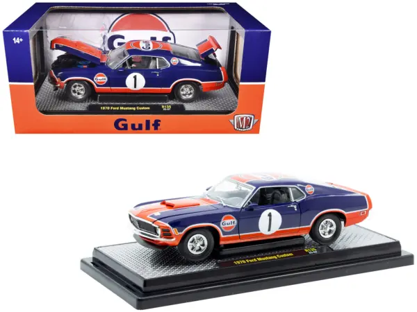 1970 Ford Mustang Custom #1 "Gulf Oil" Dark Blue with Orange Graphics Limited Edition to 7850 pieces Worldwide 1/24 Diecast Model Car by M2 Machines #1