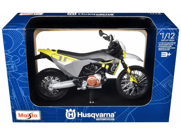 2023 Husqvarna 701 Supermoto Motorcycle Matt Black and Gray with Yellow and White Accents with Display Base 1/12 Diecast Model by Maisto #1
