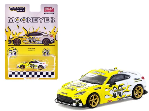 Toyota GR86 RHD (Right Hand Drive) "MoonEyes" White with Yellow Flames and Graphics "Global64" Series 1/64 Diecast Model by Tarmac Works #1