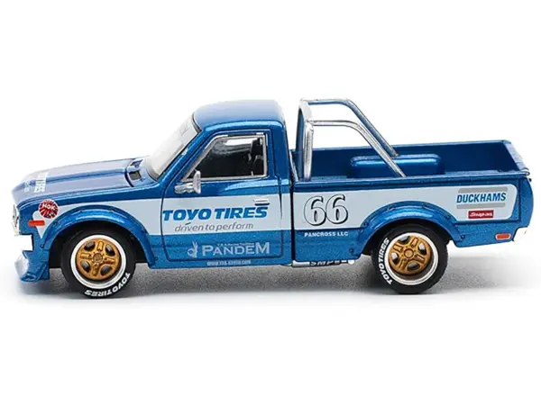 Datsun Pandem 620 Pickup Truck #66 Blue Metallic with White Stripes and Graphics 1/64 Diecast Model Car by Pop Race #3