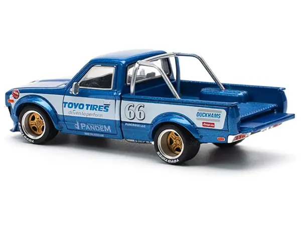 Datsun Pandem 620 Pickup Truck #66 Blue Metallic with White Stripes and Graphics 1/64 Diecast Model Car by Pop Race #4