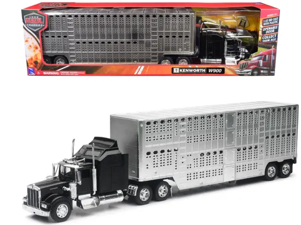 Kenworth W900 Truck Black with Pot Belly Livestock Chrome "Long Haul Truckers" Series 1/32 Diecast Model by New Ray #1