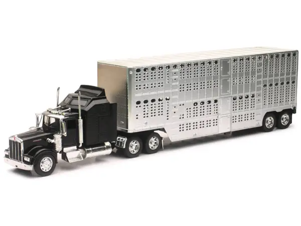 Kenworth W900 Truck Black with Pot Belly Livestock Chrome "Long Haul Truckers" Series 1/32 Diecast Model by New Ray #2