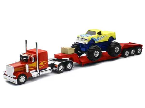Peterbilt 379 Truck with Lowboy Trailer Red with Orange Flames and Monster Truck Yellow with Blue Flames "Long Haul Truckers" Series 1/32 Diecast Model by New Ray #2