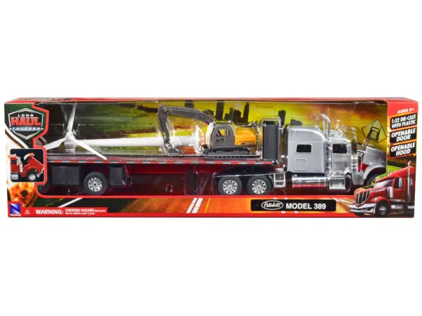 Peterbilt 389 Truck with Flatbed Trailer Silver Metallic with Excavator and Wind Turbine "Long Haul Truckers" Series 1/32 Diecast Model by New Ray #3