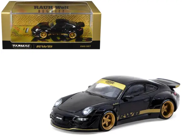 RWB 997 Black with Gold Wheels and Stripes "Hobby64" Series 1/64 Diecast Model Car by Tarmac Works #1