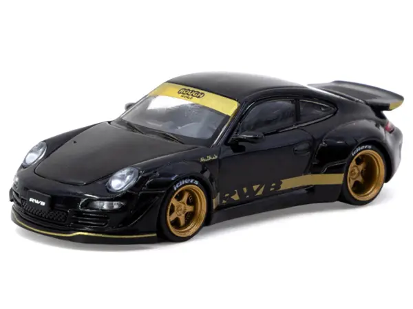 RWB 997 Black with Gold Wheels and Stripes "Hobby64" Series 1/64 Diecast Model Car by Tarmac Works #2