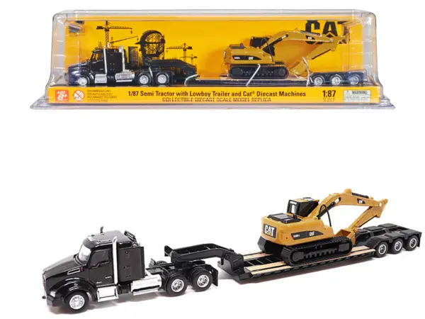Kenworth T880 SBFS Sleeper Tandem Tractor Black with Lowboy Trailer and CAT 320D L Hydraulic Excavator Yellow 1/87 (HO) Diecast Model by Diecast Masters #1
