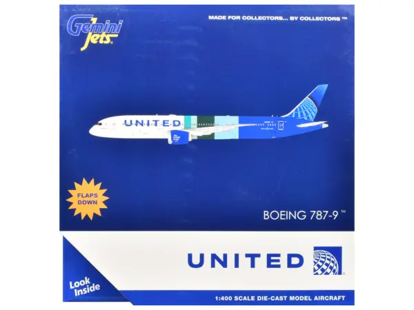 Boeing 787-9 Commercial Aircraft with Flaps Down "United Airlines - The Future is SAF" (N24988) White and Blue with Stripes 1/400 Diecast Model Airplane by GeminiJets #3